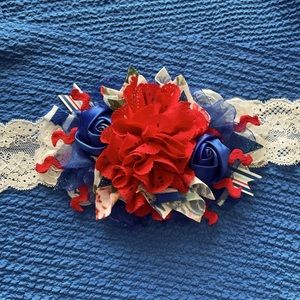 Patriotic scrappy headband red white blue lace satin roses